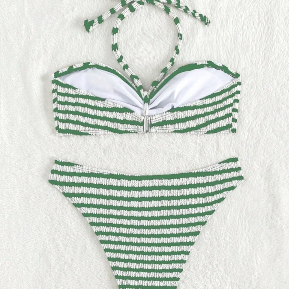 Green Striped Women's Two-Piece Swimsuit - Picture 2 of 4